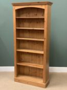 PINE BOOKCASE - six open shelves, 198cms H, 96cms W, 31cms D
