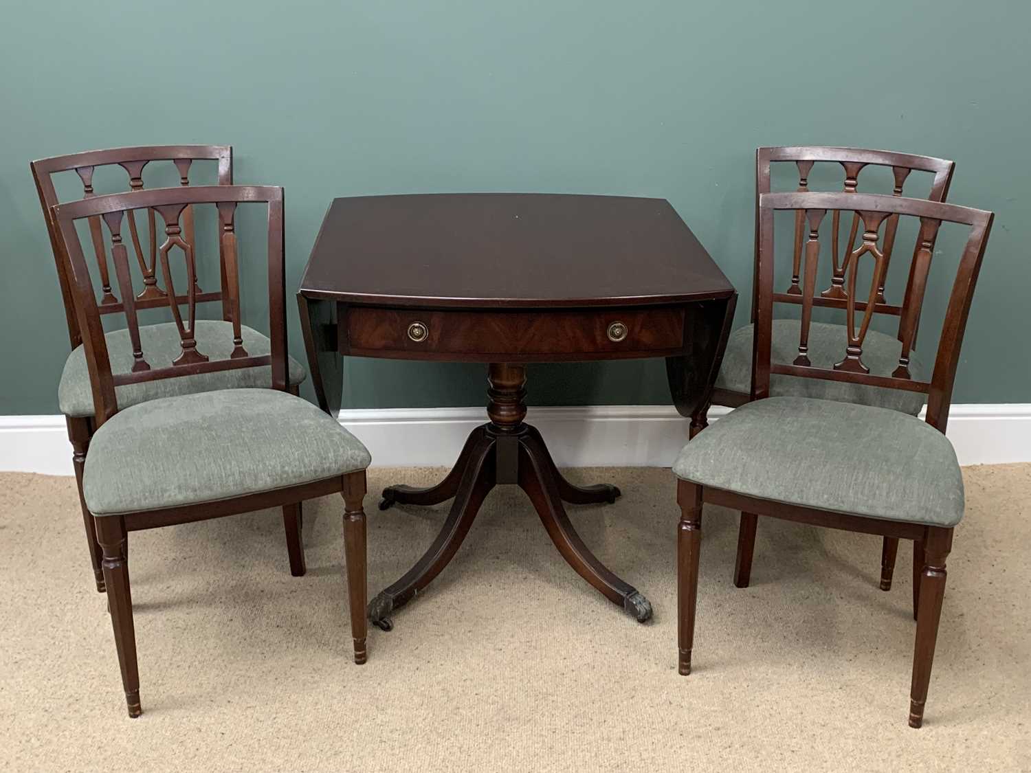 DINING TABLE & FOUR CHAIRS, the table having a single pedestal with drop sides and single drawer, by - Image 2 of 5