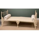 CAST METAL DAY BED - French style, folding with base boards and rolled cushions, 90cms H, 200cms