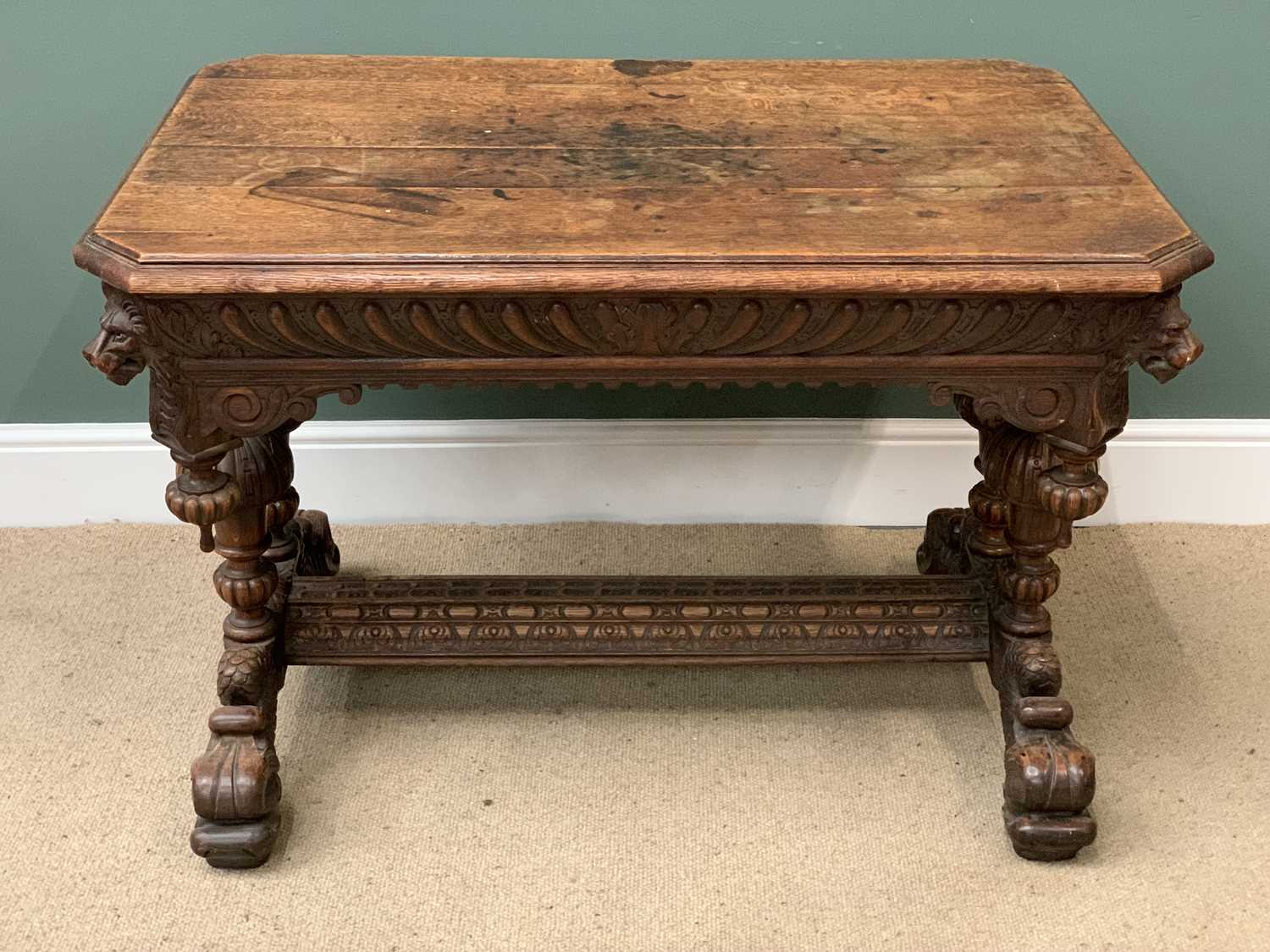 RENAISSANCE REVIVAL STYLE ANTIQUE CARVED OAK LIBRARY TABLE with lion mask detail and single drawer - Image 2 of 5