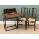 VINTAGE OAK RISE & FALL DESK/BUREAU, 74cms H, 61cms W, 36cms D, a pair of cane seated bedroom chairs