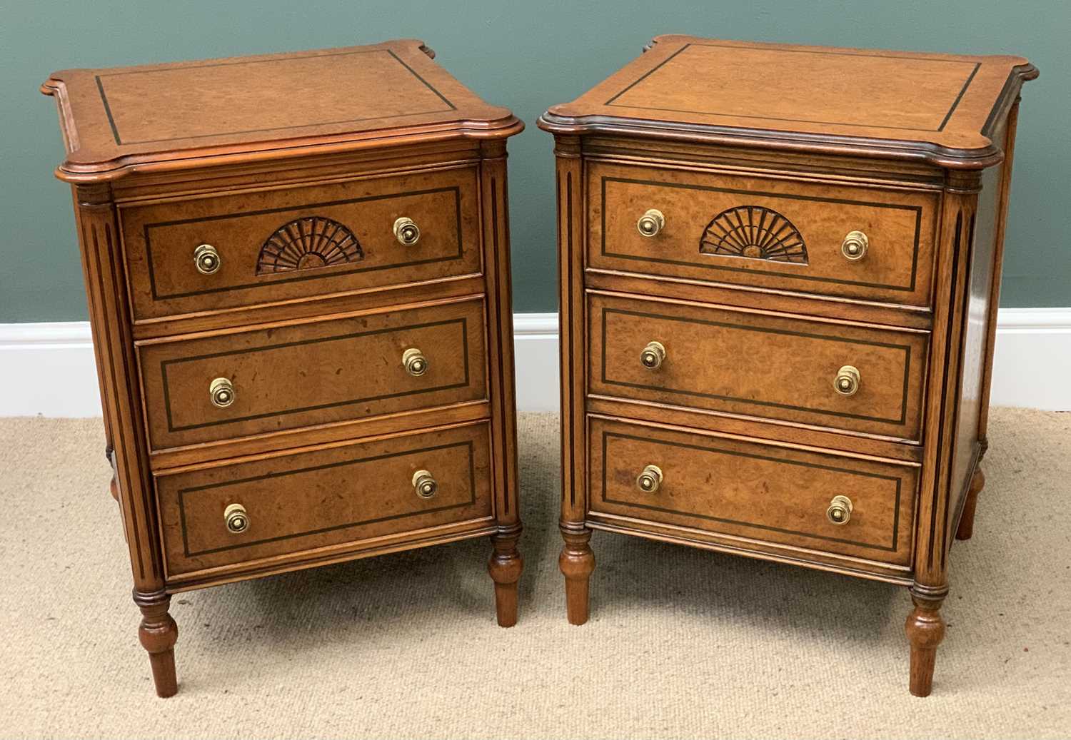 ANTIQUE ELM BEDSIDE CHESTS - a three drawer pair with pokerwork detail, 66cms H, 50cms W, 47cms D