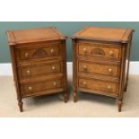 ANTIQUE ELM BEDSIDE CHESTS - a three drawer pair with pokerwork detail, 66cms H, 50cms W, 47cms D