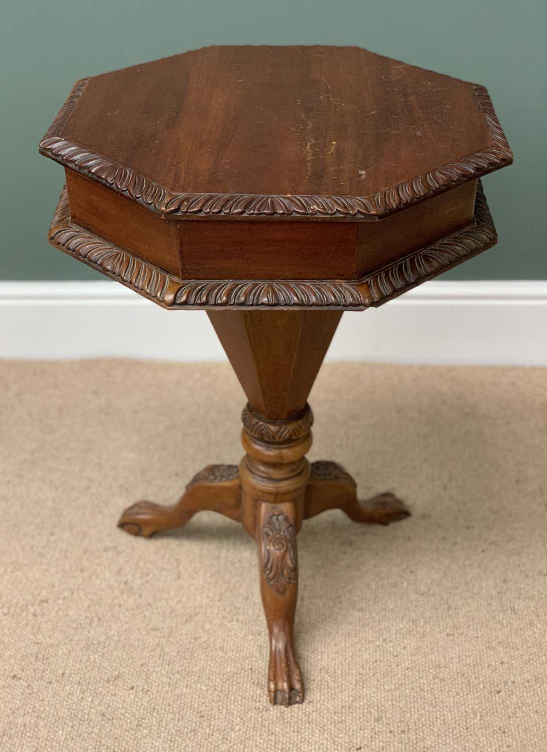 ANTIQUE MAHOGANY WORK TABLE with octagonal shaped top and on a single pedestal tripod base, 70cms H, - Image 5 of 5