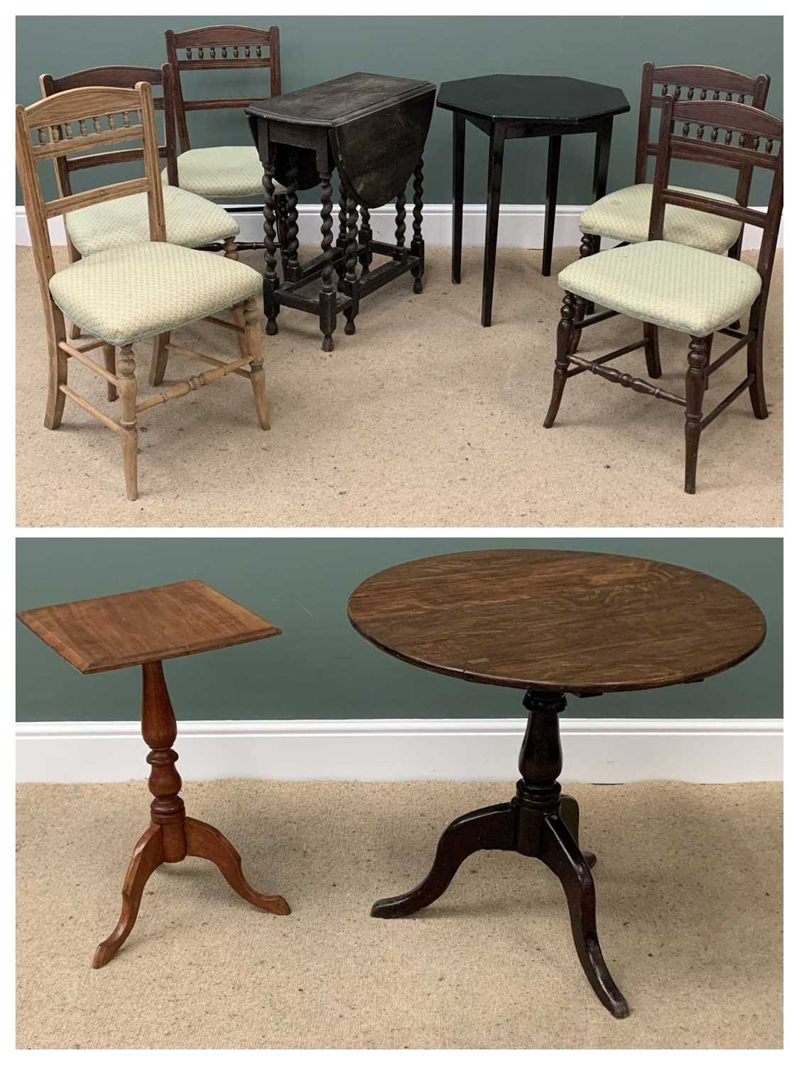 FURNITURE ASSORTMENT - five similar dining chairs, a gateleg table, 73cms H, 33cms W (92cms W