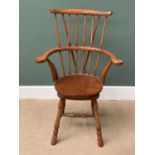 VINTAGE SWIVEL STICKBACK ARMCHAIR with curved and spindleback, 102cms H, 66cms W, 40cms diameter