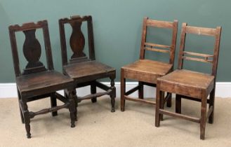 FOUR FARMHOUSE OAK CHAIRS, two with shaped backs, 89cms H, 44cms W, 31cms D and two with