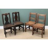 FOUR FARMHOUSE OAK CHAIRS, two with shaped backs, 89cms H, 44cms W, 31cms D and two with