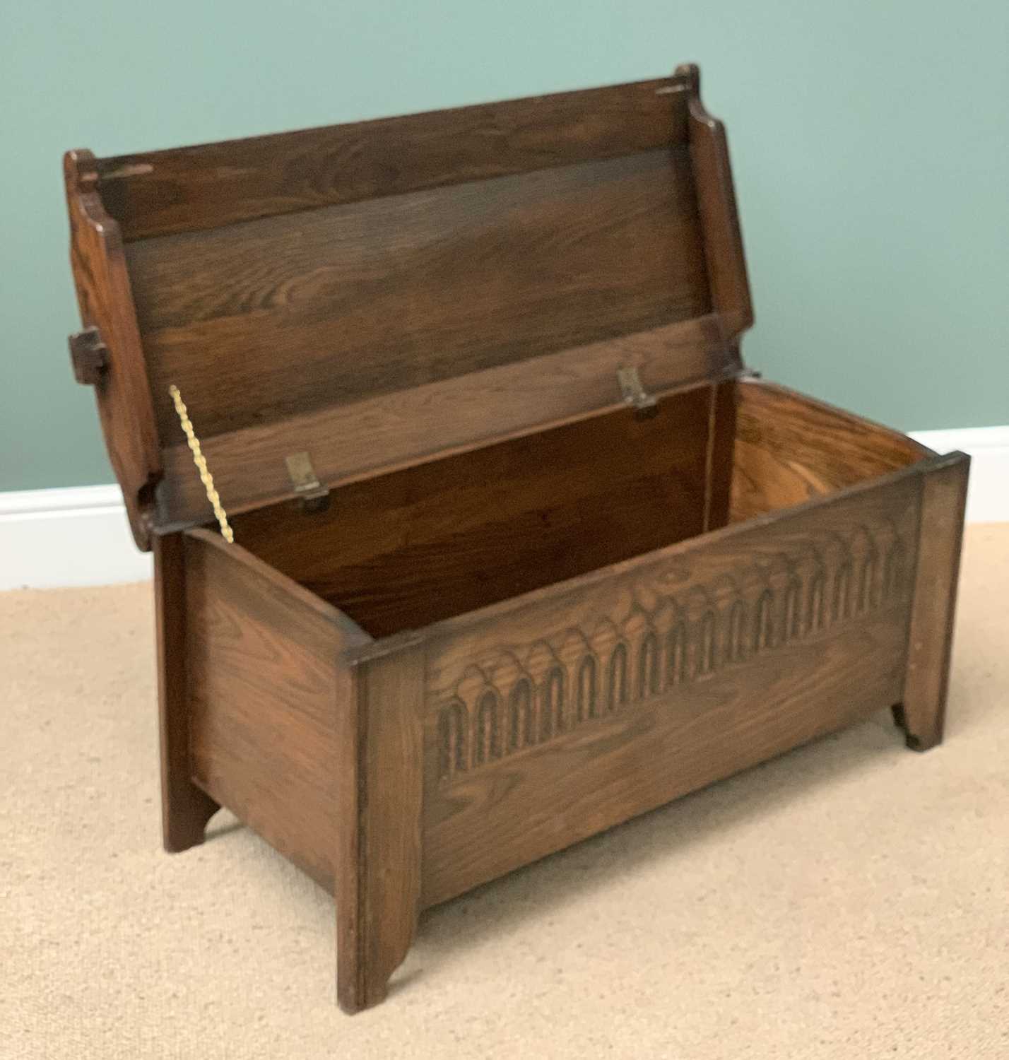 VINTAGE OAK BLANKET BOX with pegged joints, arched top and carvings to the front, 48cms H, 104cms W, - Image 2 of 4