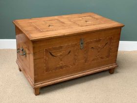 ANTIQUE OAK BLANKET CHEST - pokerwork and crossbanding with shaped end iron handles, 67cms H, 115cms