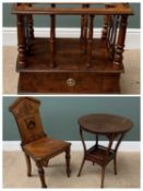 REPRODUCTION BURR WALNUT CANTERBURY with base drawer and on brass castors, 61cms H, 50cms W, 38cms