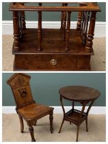 REPRODUCTION BURR WALNUT CANTERBURY with base drawer and on brass castors, 61cms H, 50cms W, 38cms