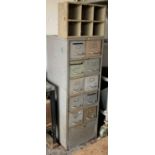 VINTAGE METAL MULTI-DRAWER CABINET, 140cms H, 50cms W, 54cms D and a metal 'pigeonhole' rack,