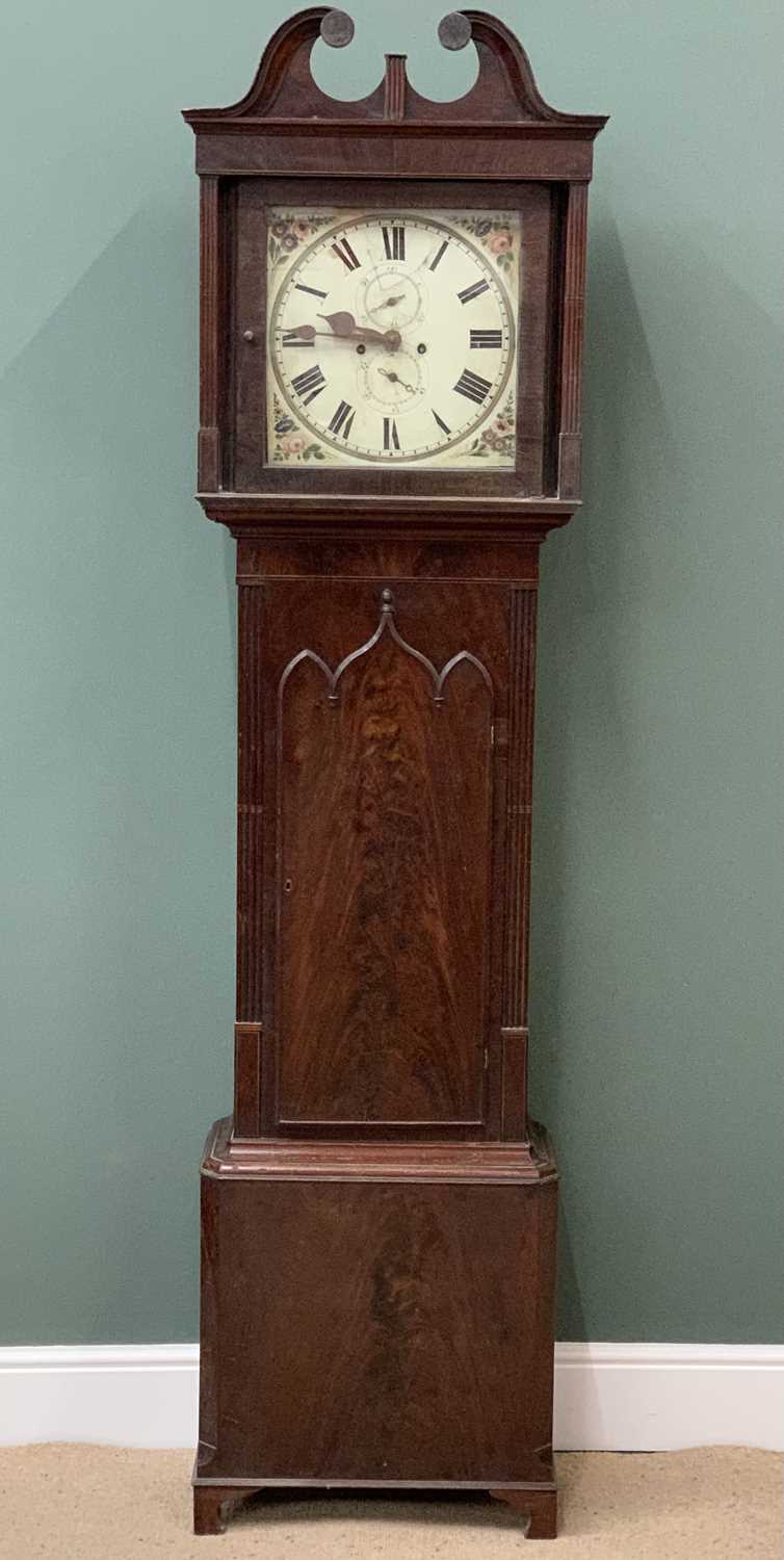 ANTIQUE MAHOGANY LONGCASE CLOCK with painted dial, eight day movement, no pendulum or weights 217cms