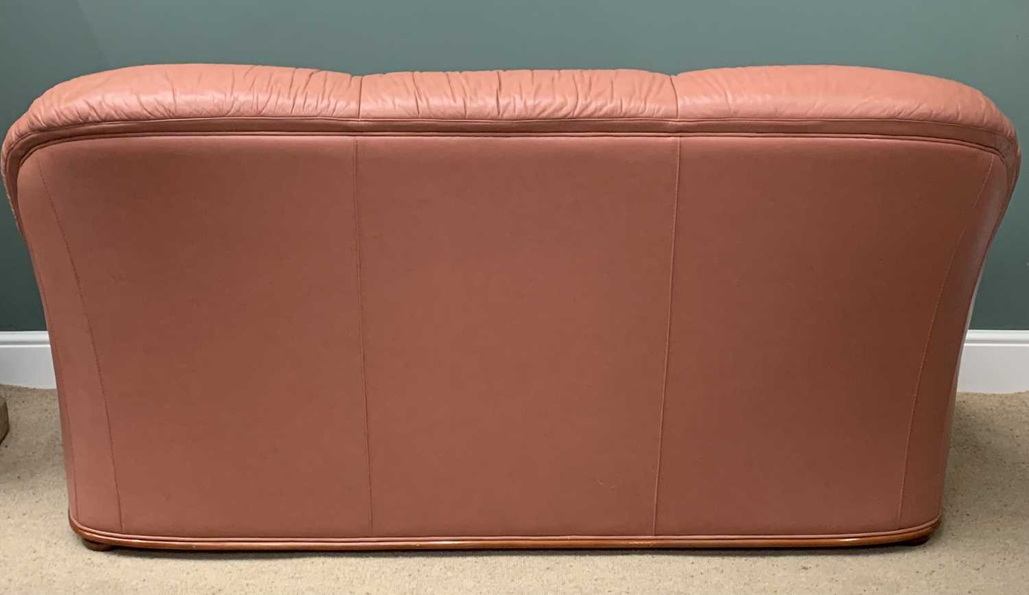 MODERN THREE PIECE SUITE, terracotta colour leather effect and wood, the sofa 97cms H, 200cms W, - Image 4 of 4