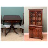 DINING TABLE & FOUR CHAIRS, the table having a single pedestal with drop sides and single drawer, by