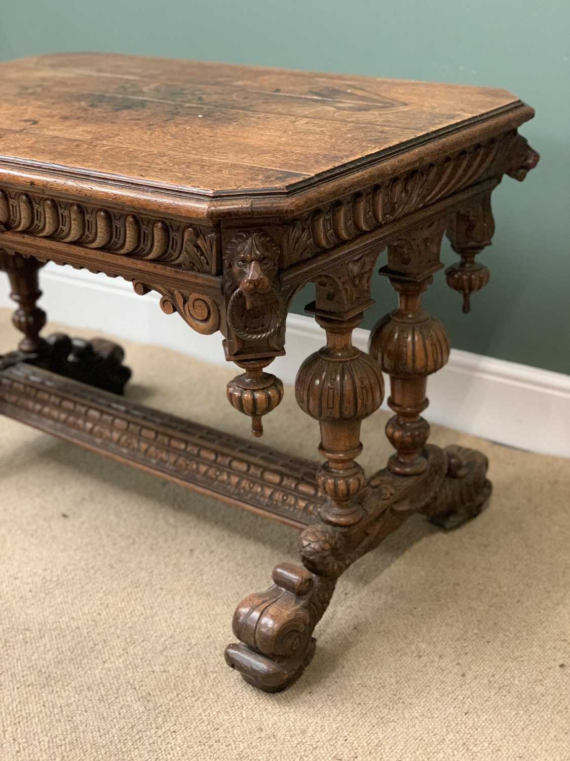RENAISSANCE REVIVAL STYLE ANTIQUE CARVED OAK LIBRARY TABLE with lion mask detail and single drawer - Image 5 of 5