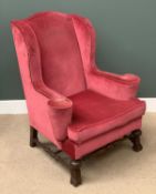 ANTIQUE ARMCHAIR - classically shaped wingback with turned stretcher and on ornate feet, 115cms H,