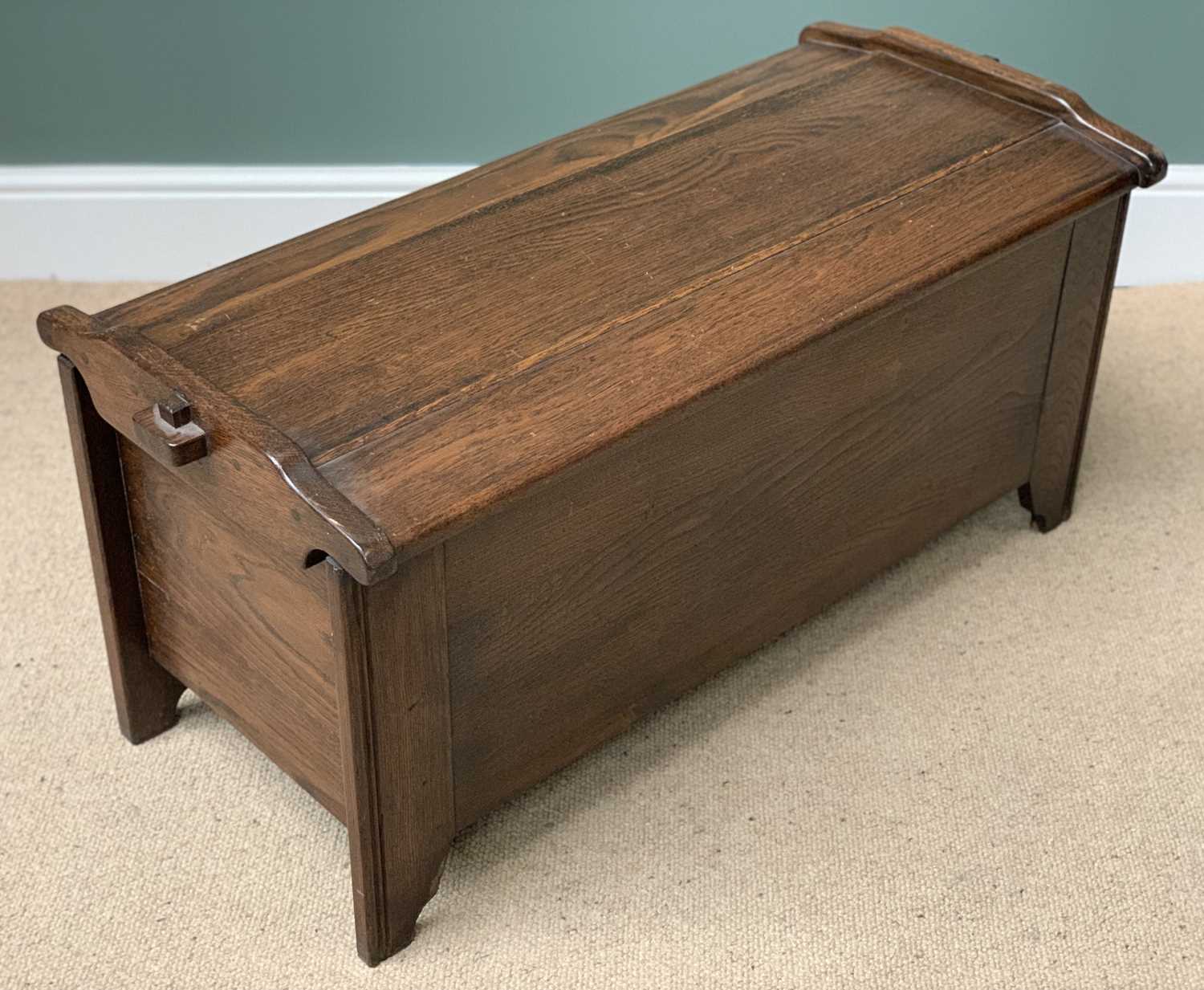 VINTAGE OAK BLANKET BOX with pegged joints, arched top and carvings to the front, 48cms H, 104cms W, - Image 4 of 4