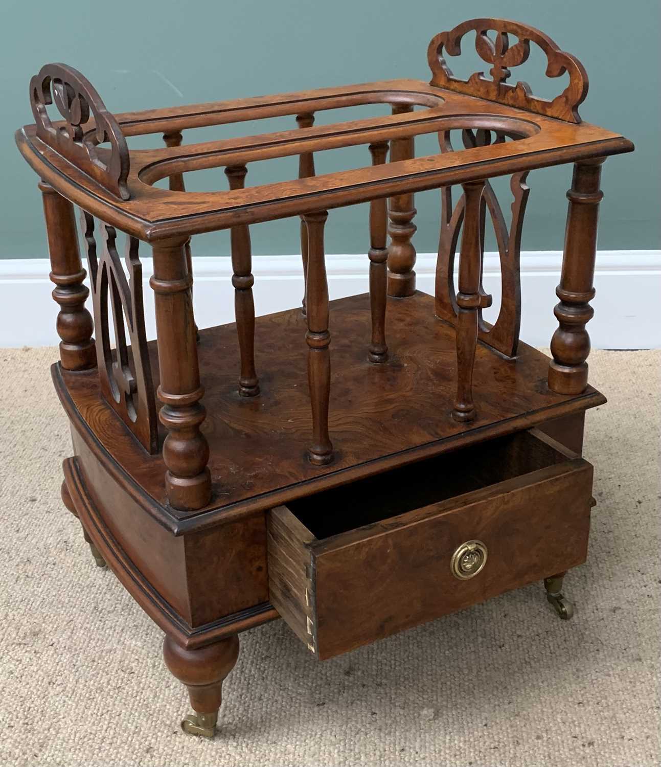 REPRODUCTION BURR WALNUT CANTERBURY with base drawer and on brass castors, 61cms H, 50cms W, 38cms - Image 2 of 5