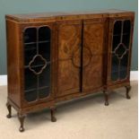 QUEEN ANNE TYPE FIGURED WALNUT BOOKCASE having inverted breakfront with two door central section