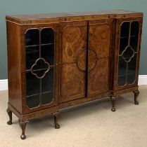 QUEEN ANNE TYPE FIGURED WALNUT BOOKCASE having inverted breakfront with two door central section