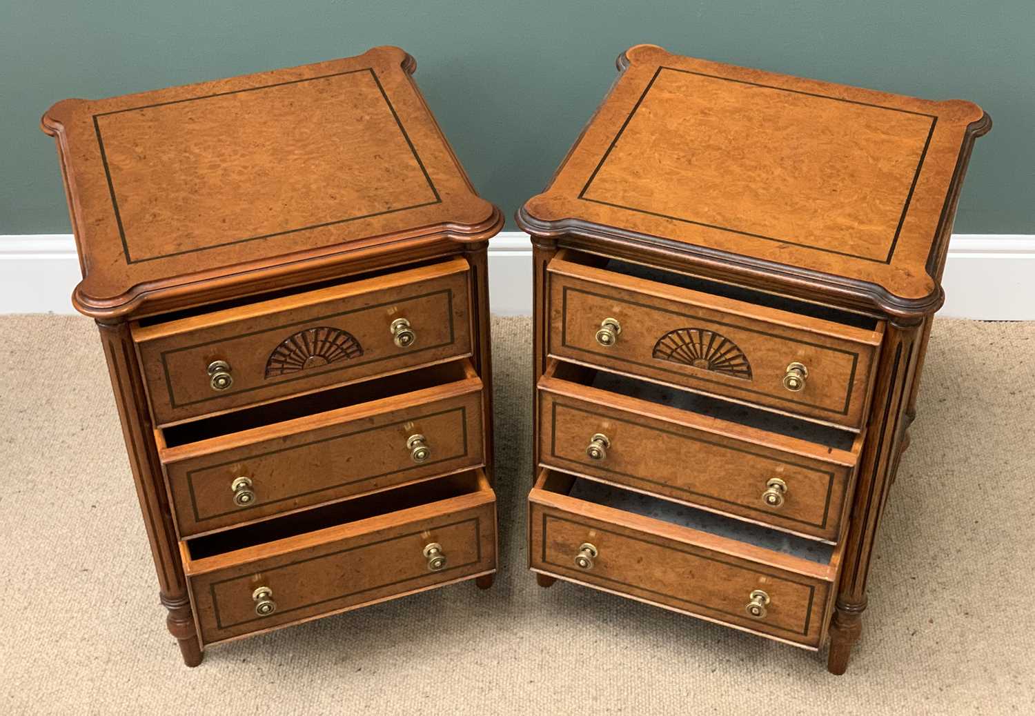 ANTIQUE ELM BEDSIDE CHESTS - a three drawer pair with pokerwork detail, 66cms H, 50cms W, 47cms D - Image 2 of 3