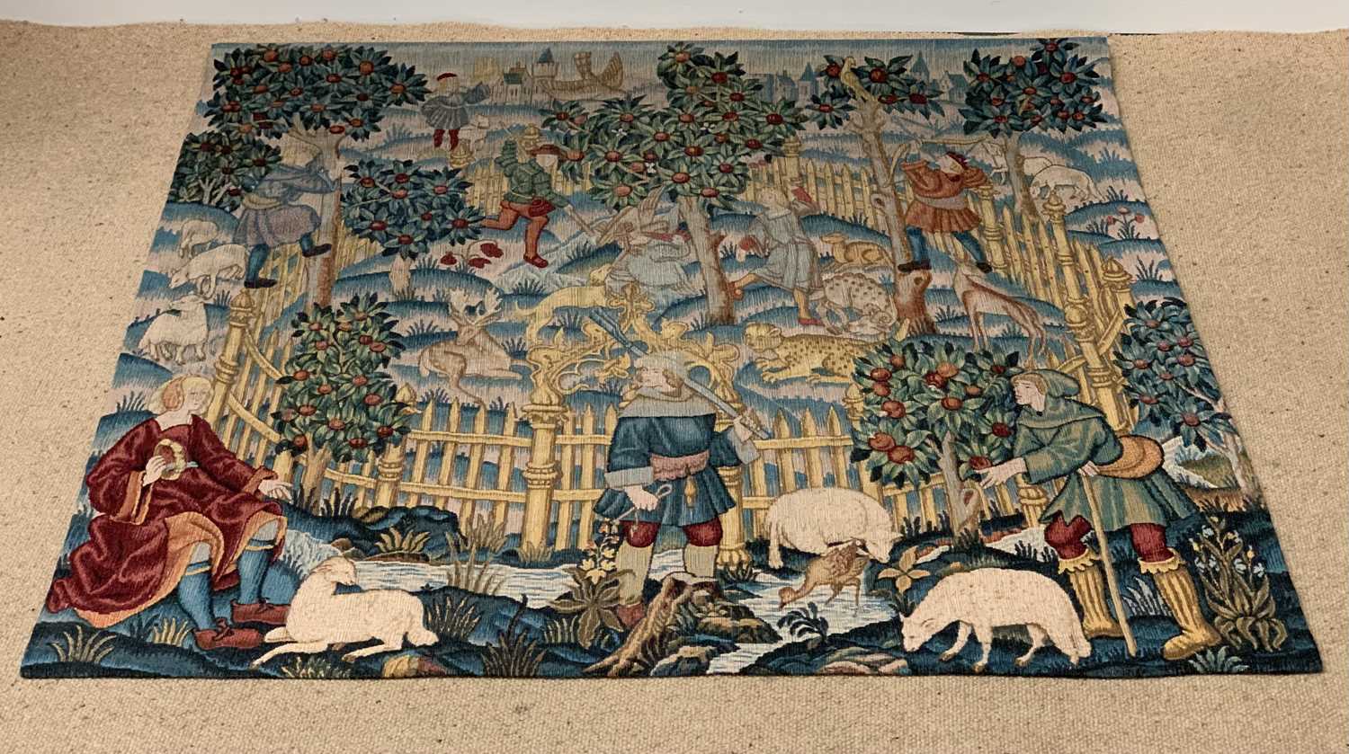 FRENCH SILK WALL HANGING TAPESTRY with label for 'Robert Four, Aubusson, Paris', 145 x 150cms