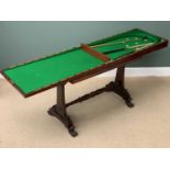 VICTORIAN MAHOGANY BAGATELLE FOLDING GAMES TABLE, the base with turned stretcher and scrolled