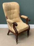 ANTIQUE UPHOLSTERED ARMCHAIR with scrolled arms, on turned supports and castors, 107cms H, 68cms