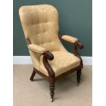 ANTIQUE UPHOLSTERED ARMCHAIR with scrolled arms, on turned supports and castors, 107cms H, 68cms