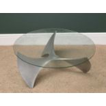 CONTEMPORARY COFFEE TABLE with glass top and propellor shaped alloy? base, 32cms H, 77cms diameter