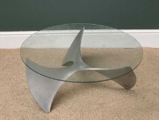 CONTEMPORARY COFFEE TABLE with glass top and propellor shaped alloy? base, 32cms H, 77cms diameter