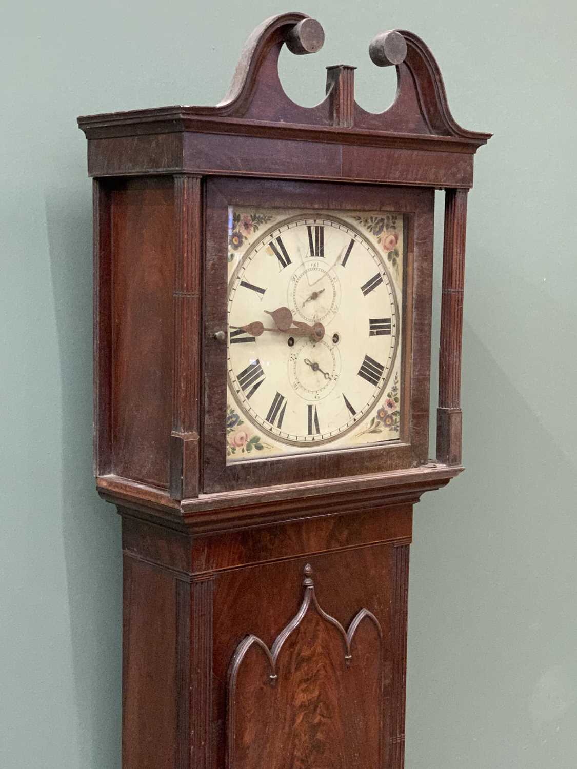 ANTIQUE MAHOGANY LONGCASE CLOCK with painted dial, eight day movement, no pendulum or weights 217cms - Image 4 of 11
