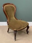 VICTORIAN MAHOGANY LADY'S SPOONBACK CHAIR, upholstered in green, on castors and scrolled supports,