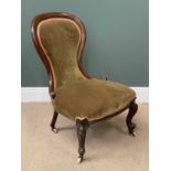 VICTORIAN MAHOGANY LADY'S SPOONBACK CHAIR, upholstered in green, on castors and scrolled supports,