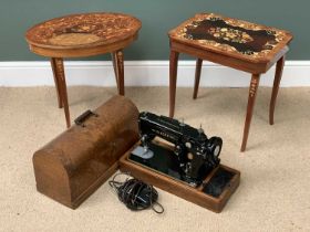 WOODEN CASED SINGER SEWING MACHINE, model 306K and two Italian style music work tables