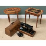 WOODEN CASED SINGER SEWING MACHINE, model 306K and two Italian style music work tables