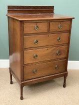 EDWARDIAN MAHOGANY CHEST - of two over three long drawers with railback on turned supports, 116cms