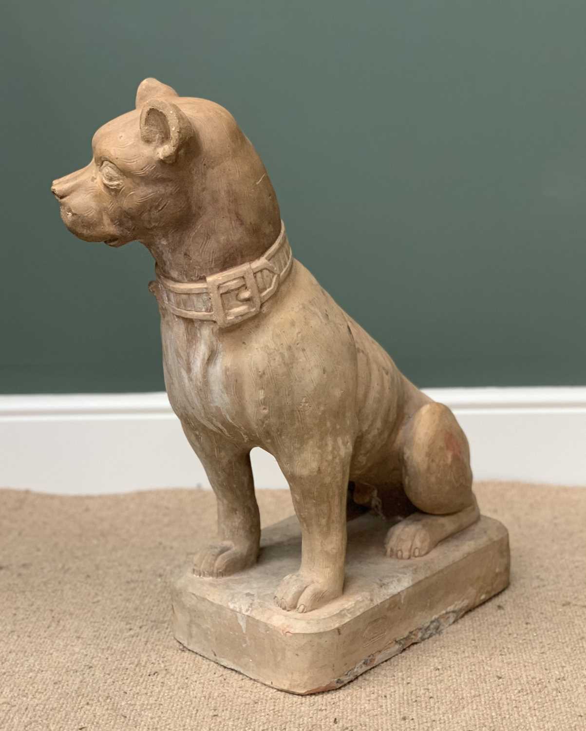 TERRACOTTA LARGE STATUE OF A DOG - stamped 'J Garouste', on a square base, 67cms H, 40cms W, 26cms D - Image 2 of 4