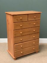MODERN PINE CHEST of two over five drawers, 113cms H, 81cms W, 44cms D