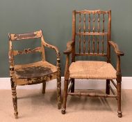 VINTAGE CHAIRS (2) - a rush seated elbow chair and another painted elbow chair