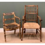 VINTAGE CHAIRS (2) - a rush seated elbow chair and another painted elbow chair