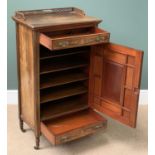 WALNUT MUSIC SHEET CABINET with fretwork gallery to the top and single door with bevelled glass