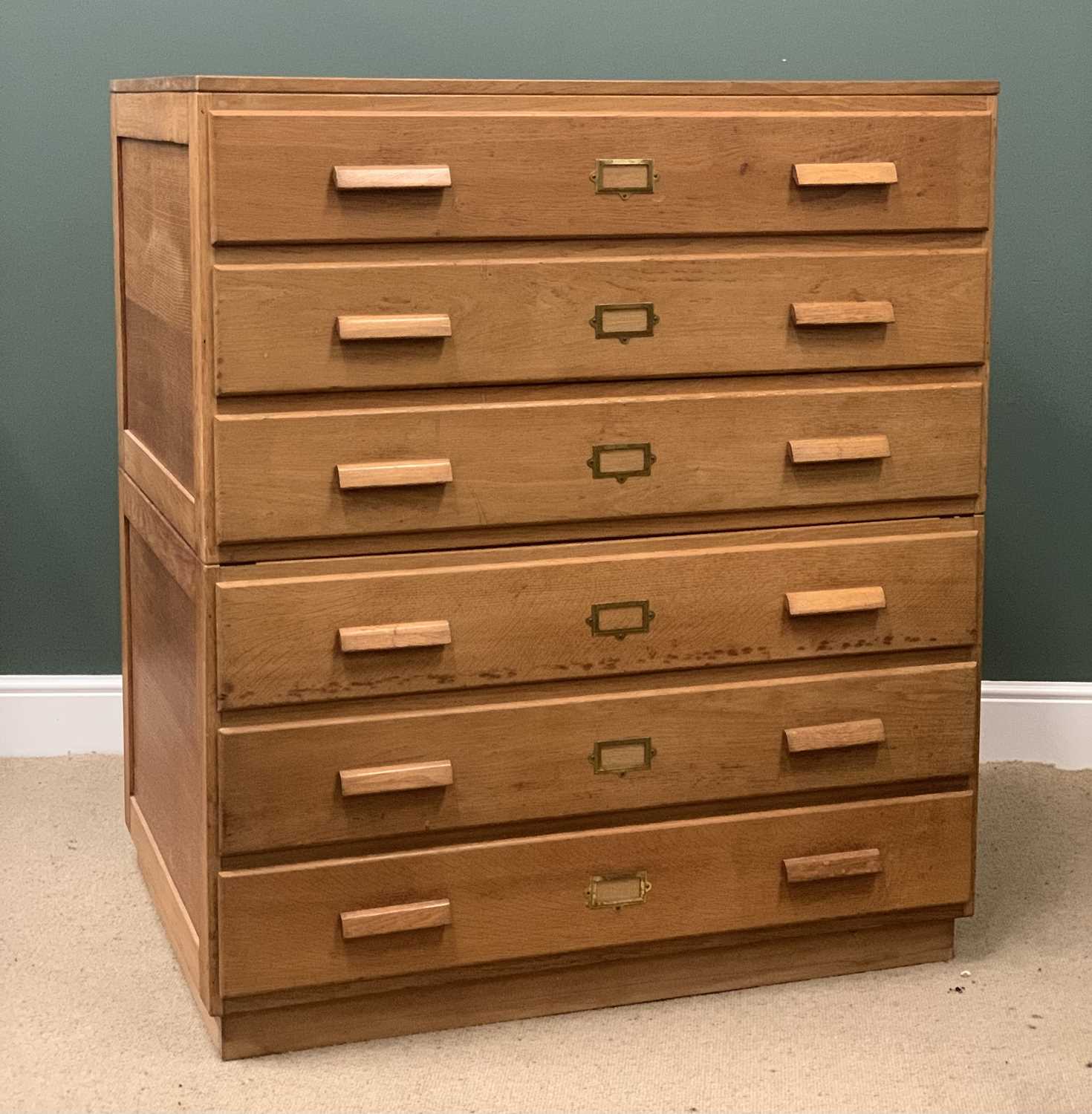 VINTAGE LIGHT OAK PLAN CHEST having two tiers of three plus three drawers and labelled 'Durrant