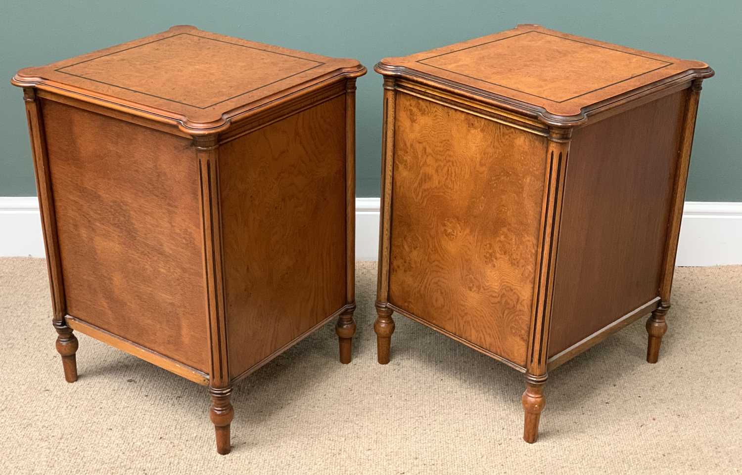 ANTIQUE ELM BEDSIDE CHESTS - a three drawer pair with pokerwork detail, 66cms H, 50cms W, 47cms D - Image 3 of 3