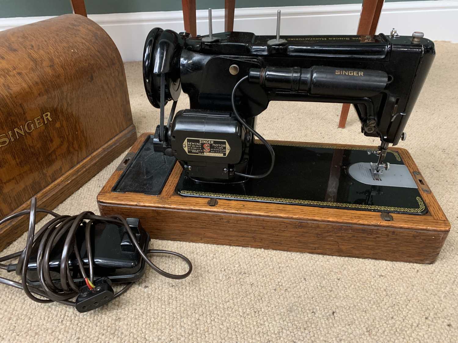 WOODEN CASED SINGER SEWING MACHINE, model 306K and two Italian style music work tables - Image 2 of 4
