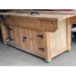 WORKSHOP BENCH WITH VICE and lower twin cupboard doors, a substantial fine example, 93cms H,