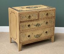 ANTIQUE PAINTED PINE CHEST of two short over two long drawers, with floral and garland decoration,