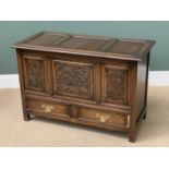 VINTAGE OAK BLANKET BOX with carved 'fruit' panels and base drawers, 70cms H, 107cms W, 51cms D
